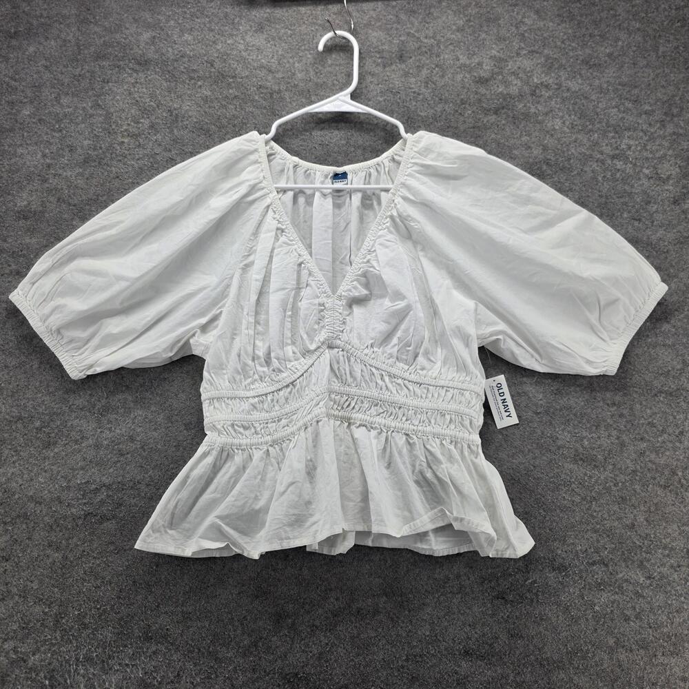 Old Navy Blouse Cropped Womens M White Puff Sleeve V-Neck Elastic Waist